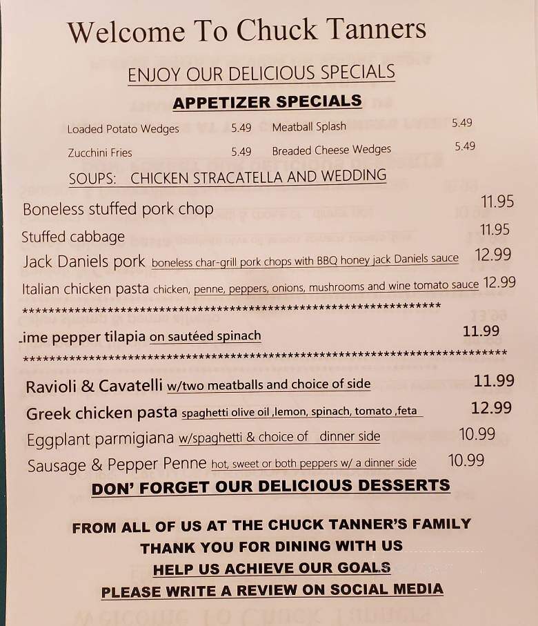 Chuck Tanner's Restaurant - New Castle, PA menu_pic