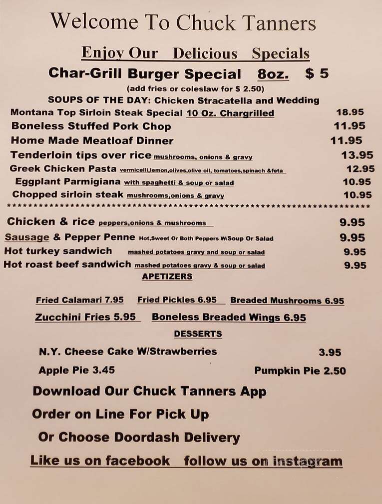 Chuck Tanner's Restaurant - New Castle, PA menu_pic