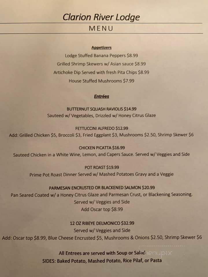 Clarion River Woodland Lodge Restaurant - Cooksburg, PA menu_pic