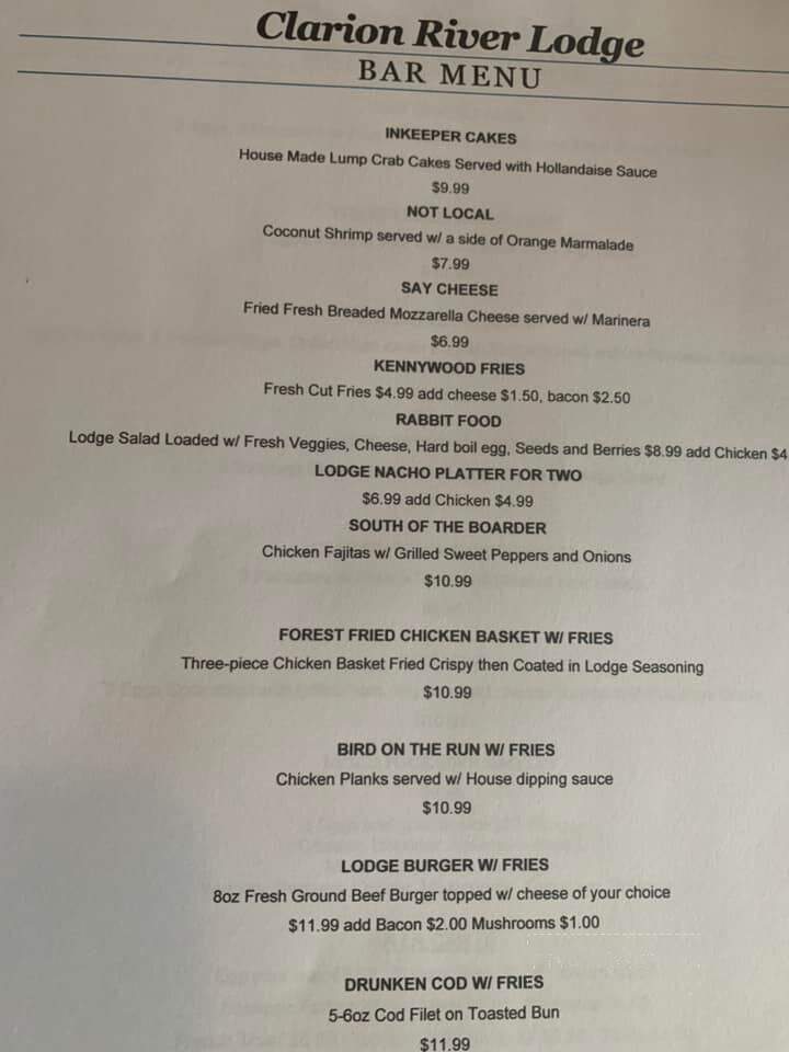 Clarion River Woodland Lodge Restaurant - Cooksburg, PA menu_pic