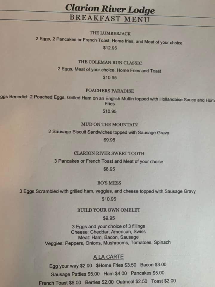 Clarion River Woodland Lodge Restaurant - Cooksburg, PA menu_pic
