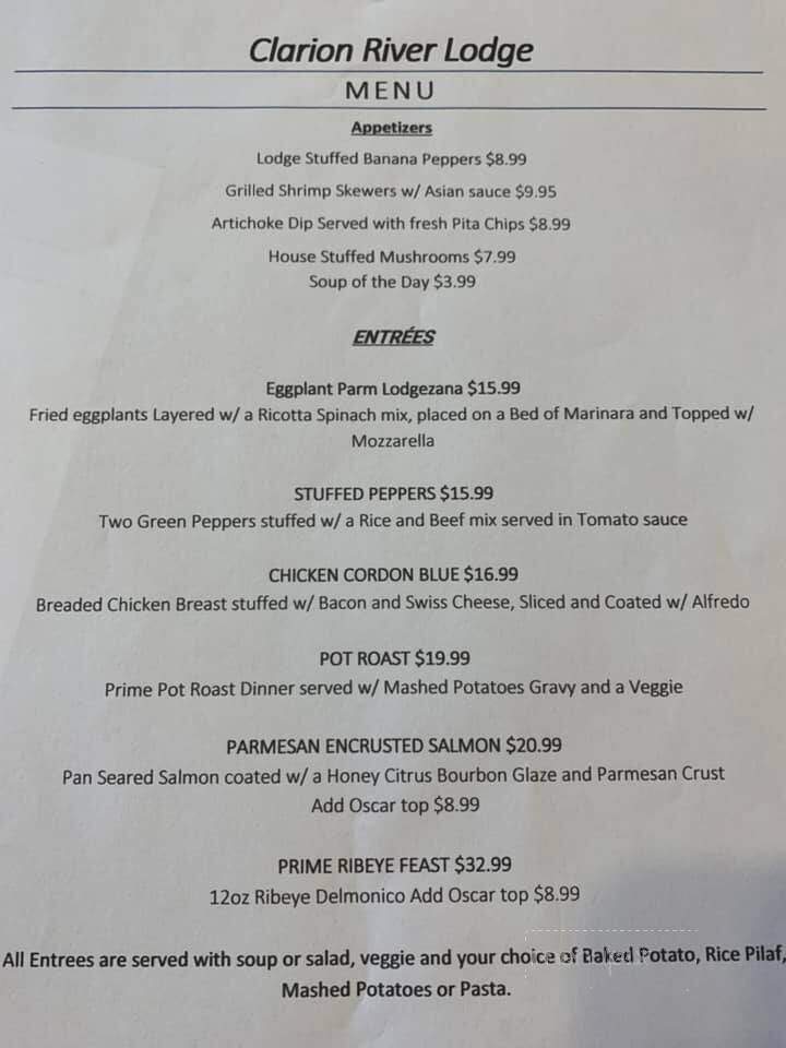 Clarion River Woodland Lodge Restaurant - Cooksburg, PA menu_pic