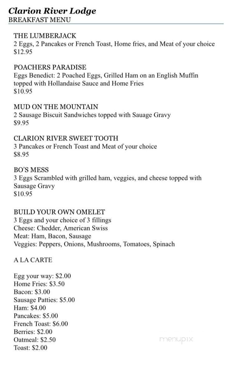 Clarion River Woodland Lodge Restaurant - Cooksburg, PA menu_pic