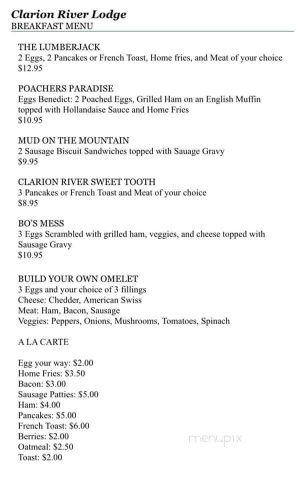 Clarion River Woodland Lodge Restaurant - Cooksburg, PA menu_pic