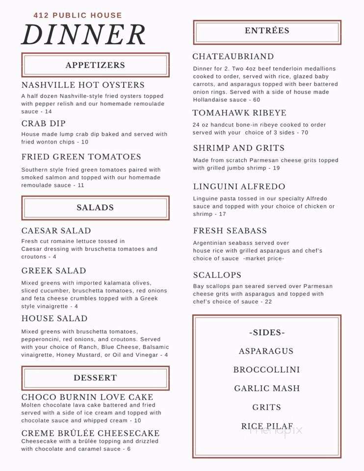 412 Public House - Cullman, AL menu_pic