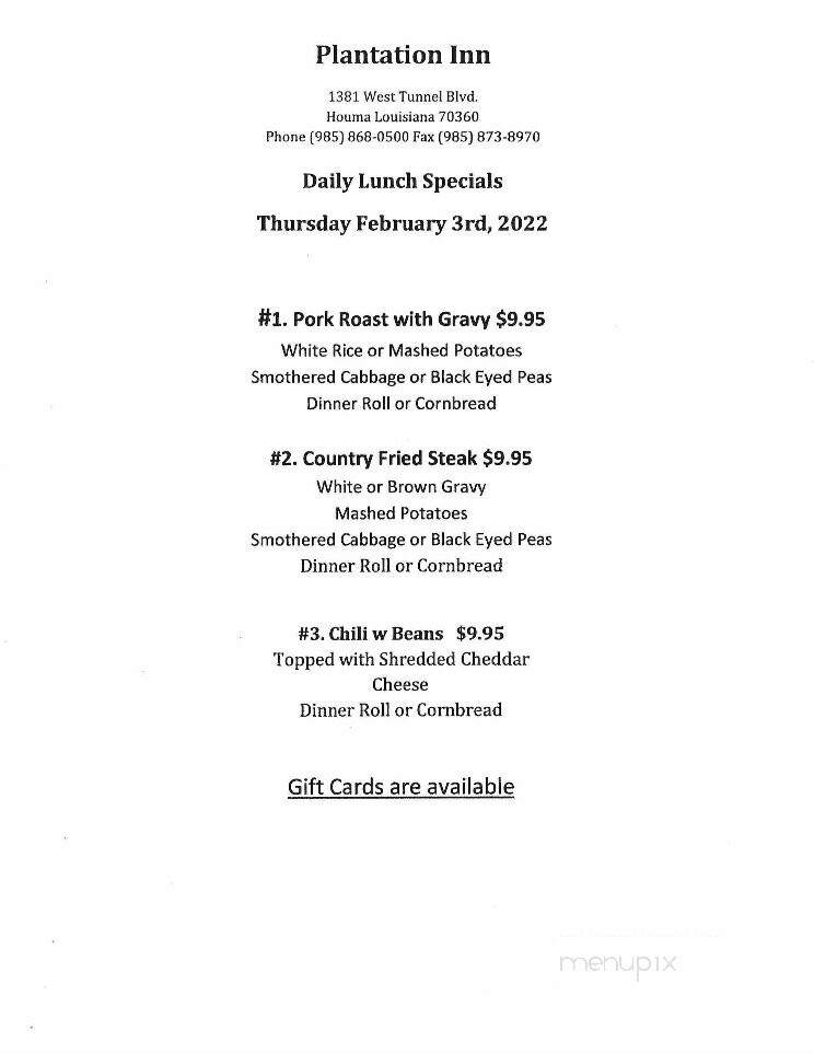 Plantation Inn - Houma, LA menu_pic