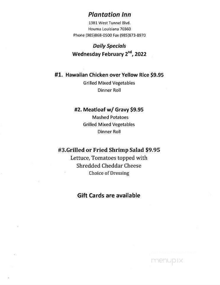 Plantation Inn - Houma, LA menu_pic