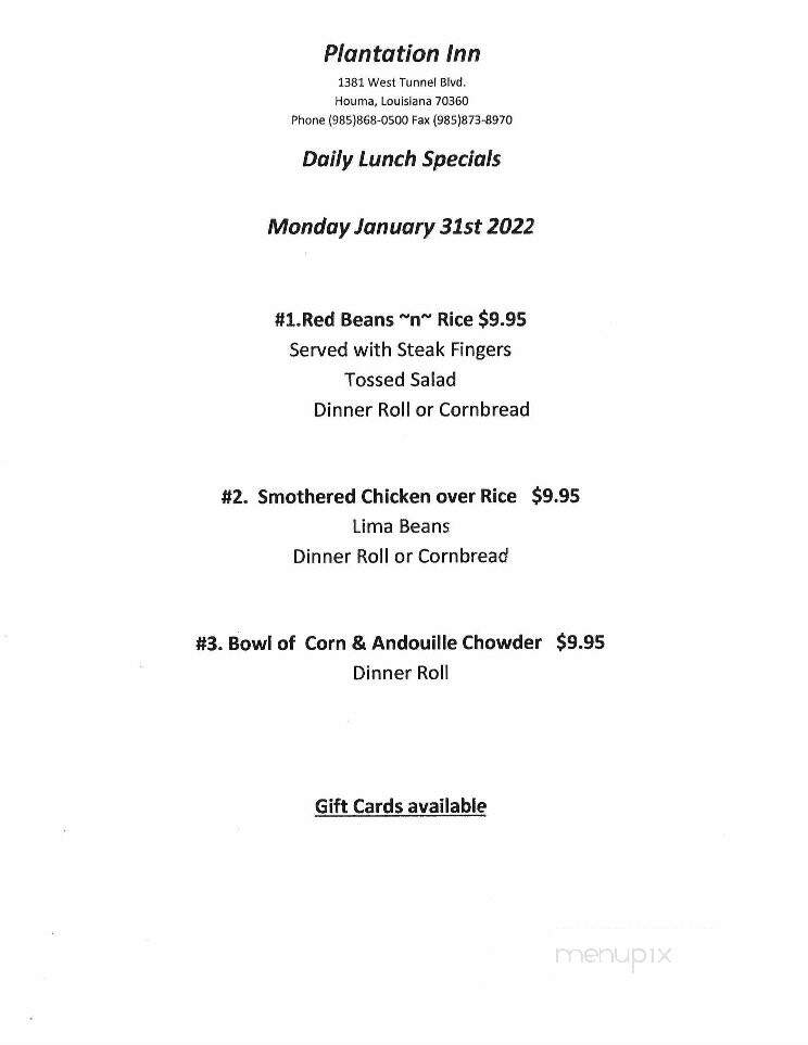 Plantation Inn - Houma, LA menu_pic