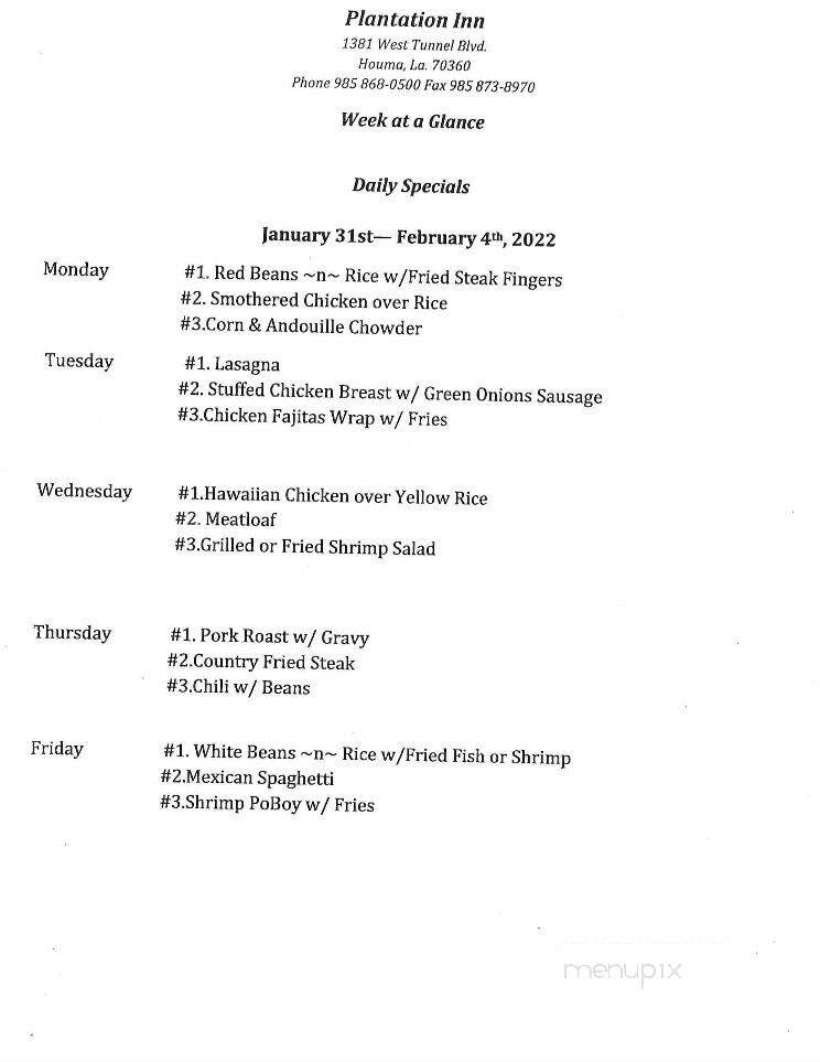 Plantation Inn - Houma, LA menu_pic