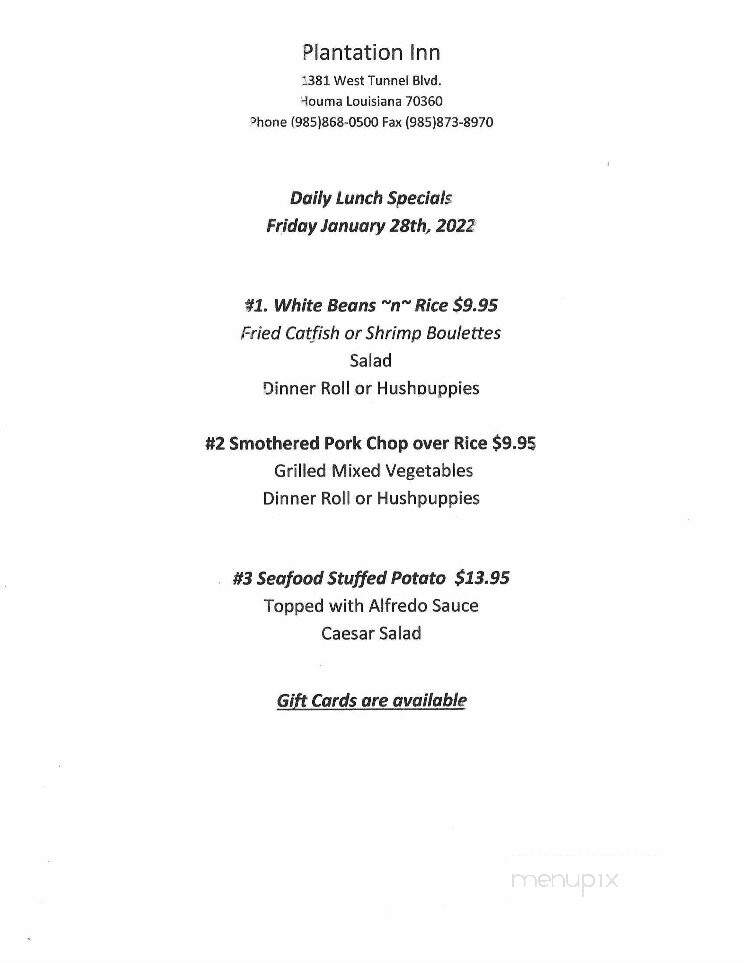 Plantation Inn - Houma, LA menu_pic