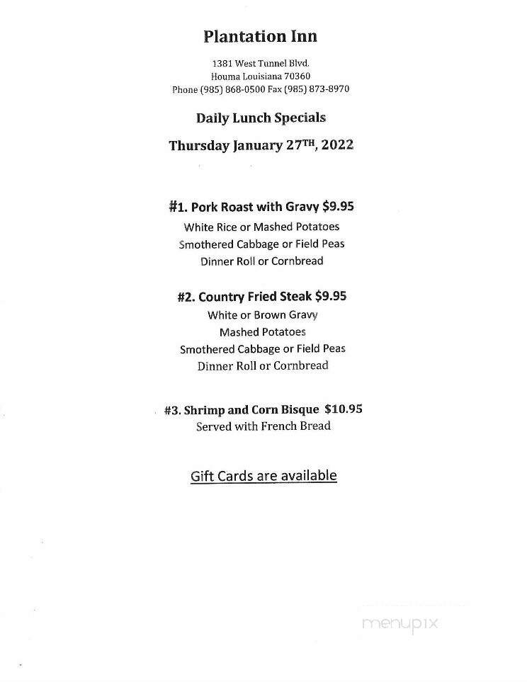 Plantation Inn - Houma, LA menu_pic