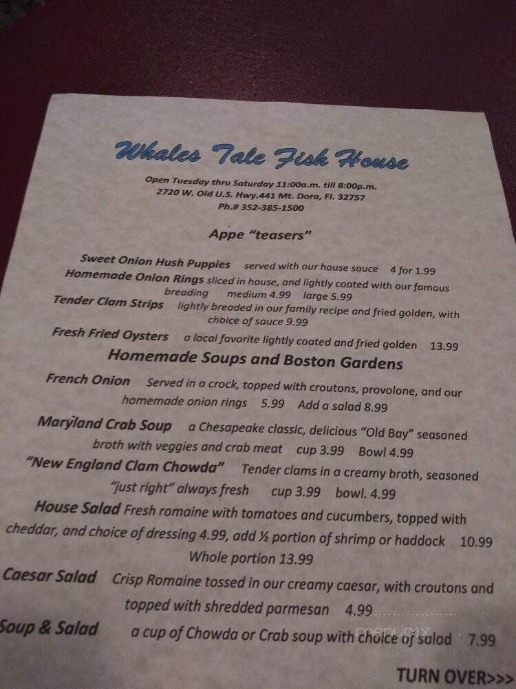 Whales Tale Fish House - Mount Dora, FL menu_pic