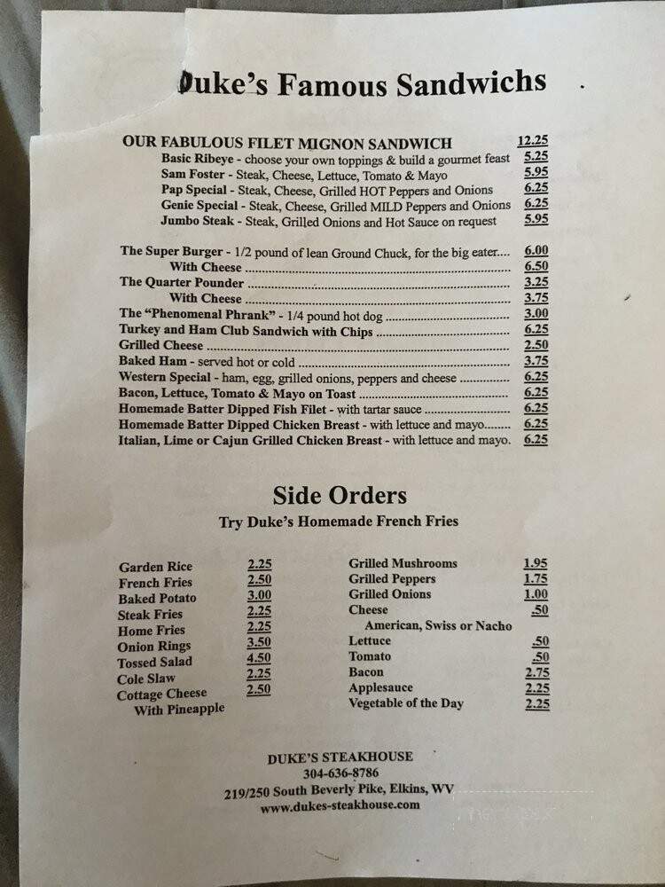 Dukes Steakhouse - Elkins, WV menu_pic