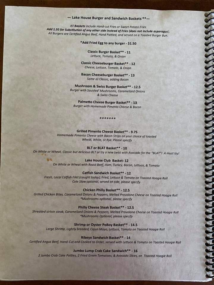 The Lake House - Summerton, SC menu_pic