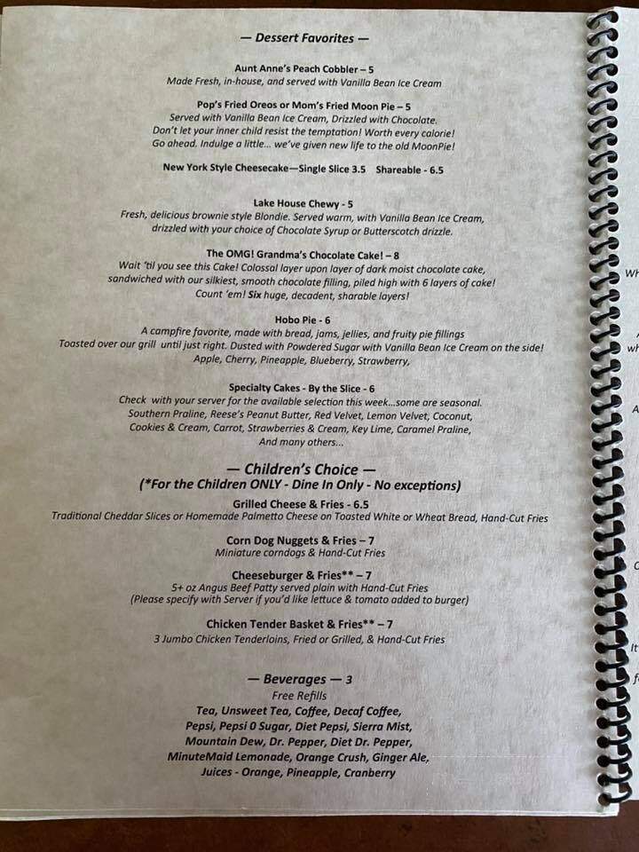 The Lake House - Summerton, SC menu_pic