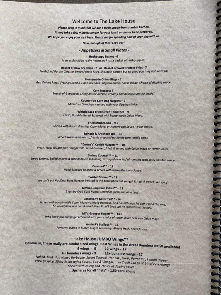 The Lake House - Summerton, SC menu_pic