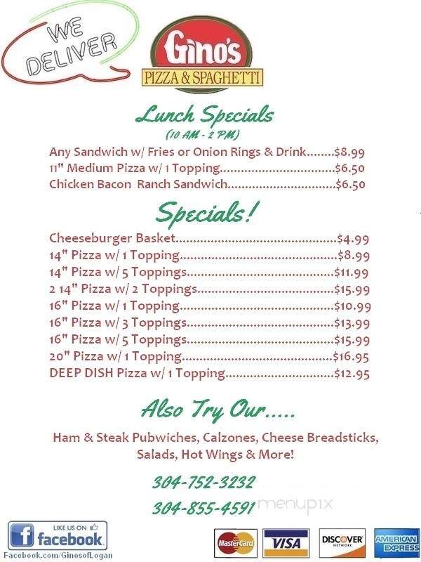 Gino's Pizza & Spaghetti House - Milton, WV menu_pic