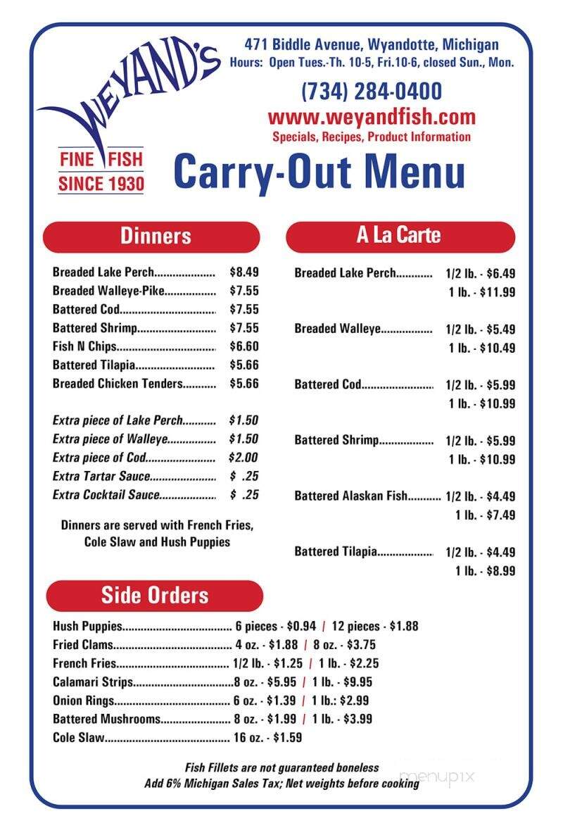 Menu of Weyand Fisheries in Wyandotte, MI 48192