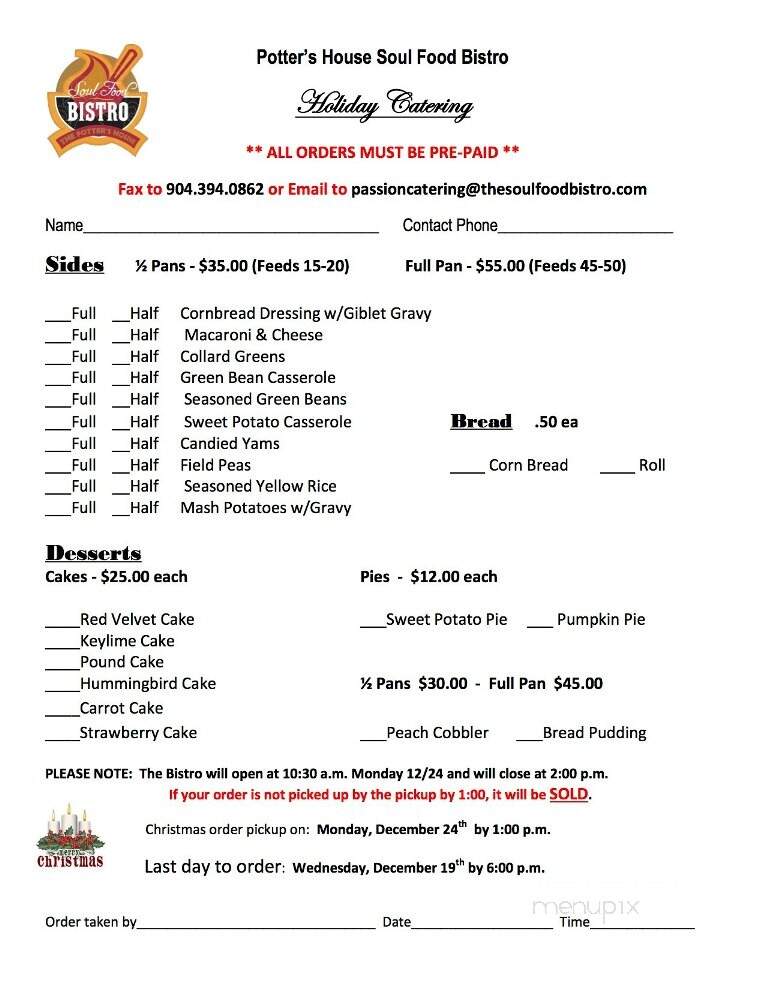 Soul Food Bistro - Potters House - Jacksonville, FL menu_pic