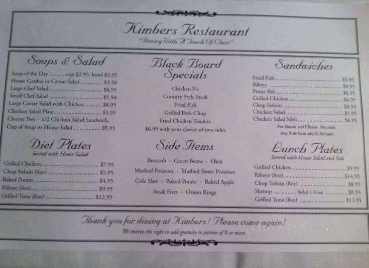 Kimber's Restaurant - Gibsonville, NC menu_pic