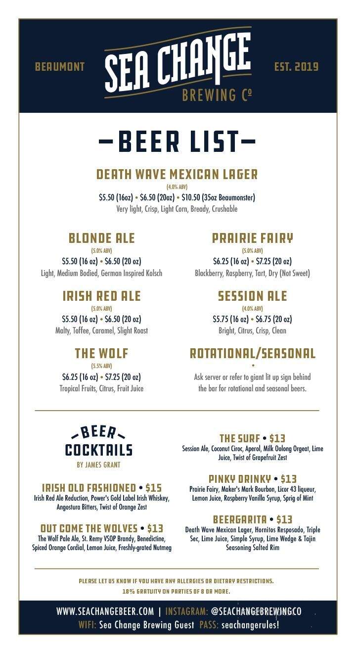 Sea Change Brewing - Beaumont, AB menu_pic