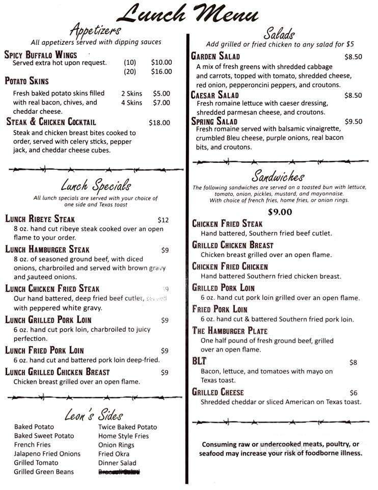 Online Menu of Leon's Steakhouse Saloon, Longview, TX