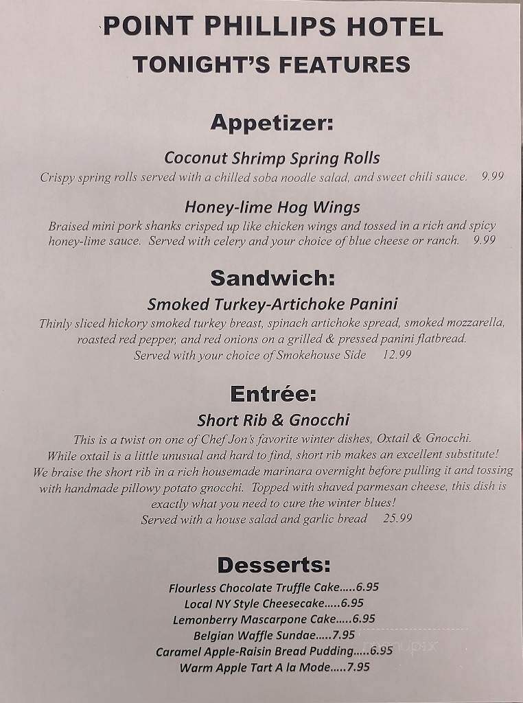 Point Phillips Hotel - Bath, PA menu_pic