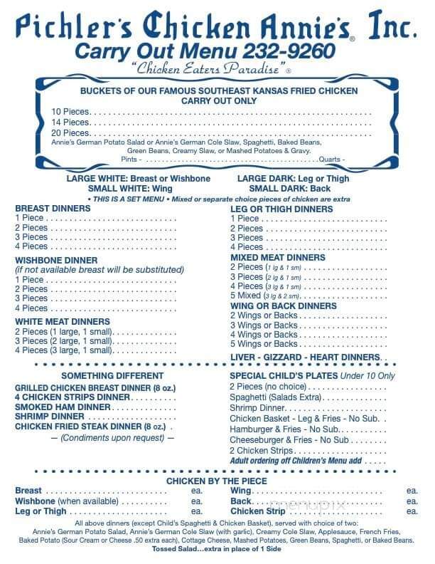Pichler's Chicken Annie's - Pittsburg, KS menu_pic