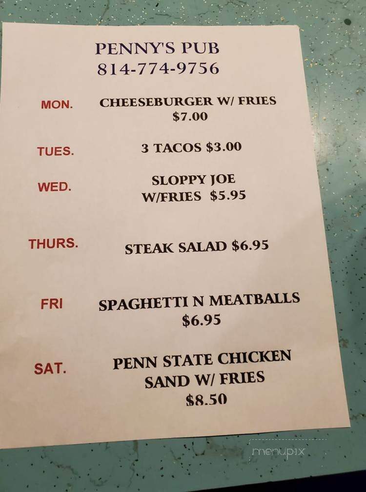 Penny's Pub - Lake City, PA menu_pic