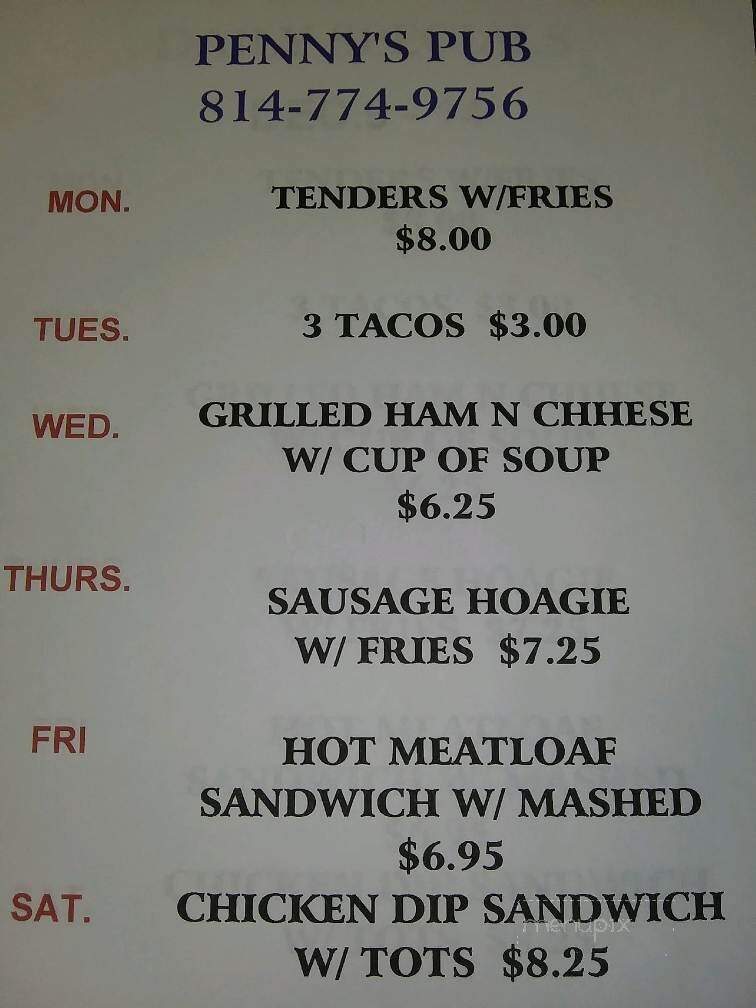 Penny's Pub - Lake City, PA menu_pic