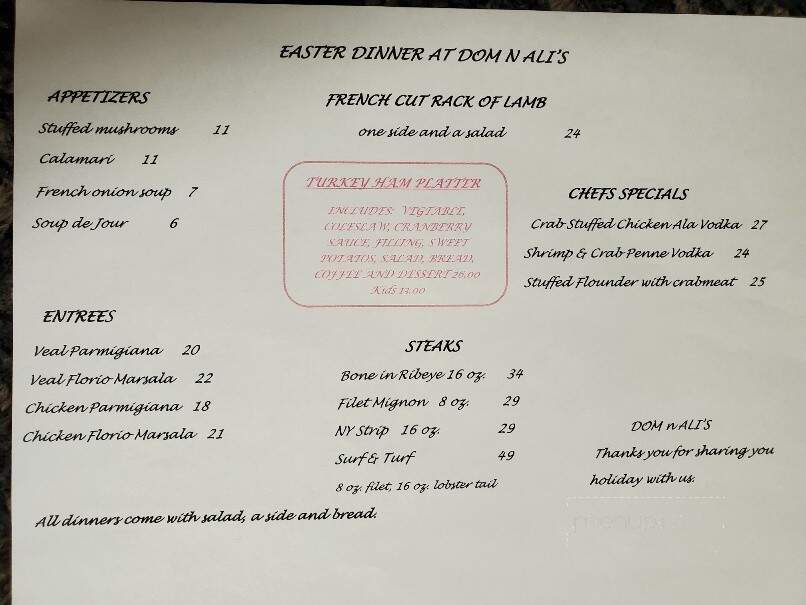 Dom N Ali Steak & Seafood - Jim Thorpe, PA menu_pic