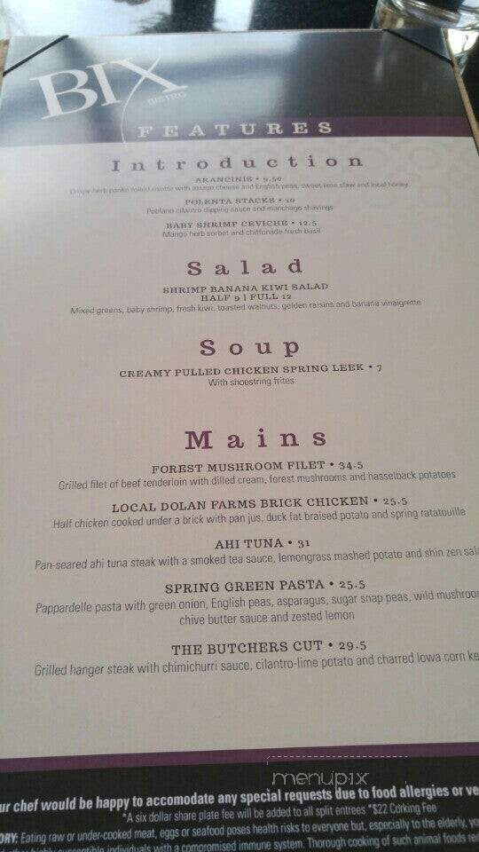Bix Bistro - Davenport, IA menu_pic