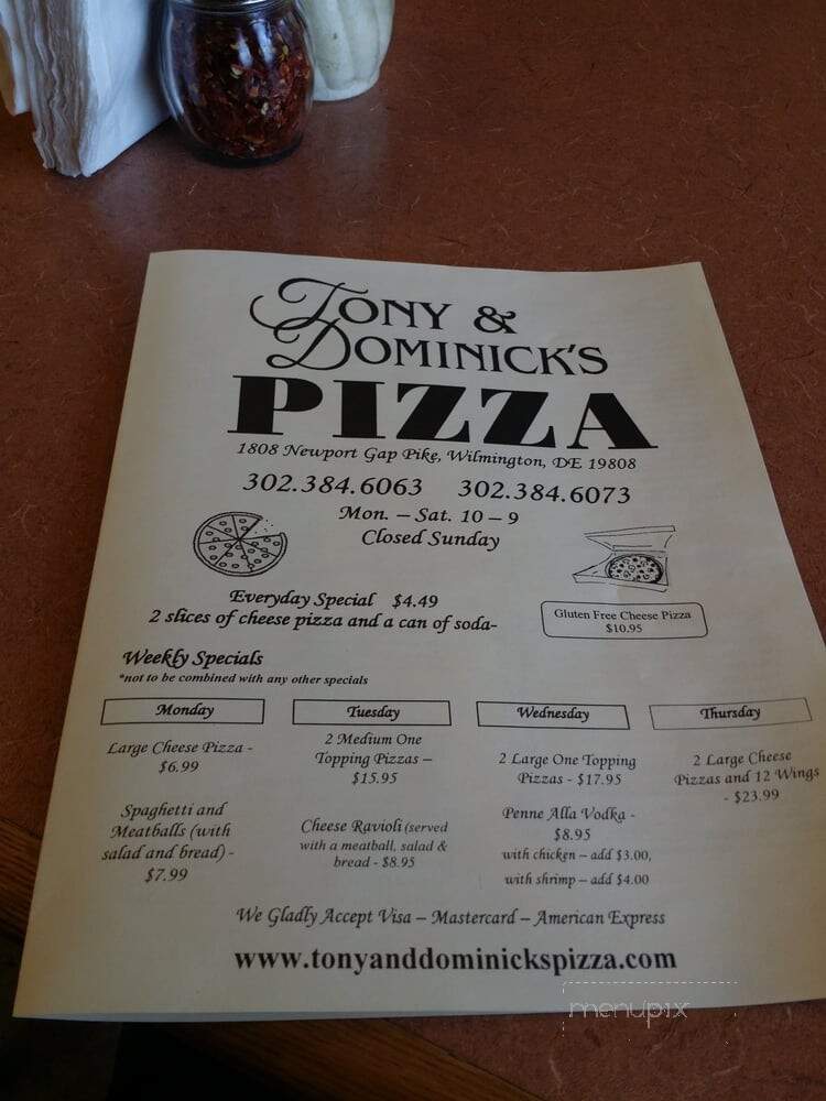 Tony and Dominick's Pizza - Wilmington, DE menu_pic