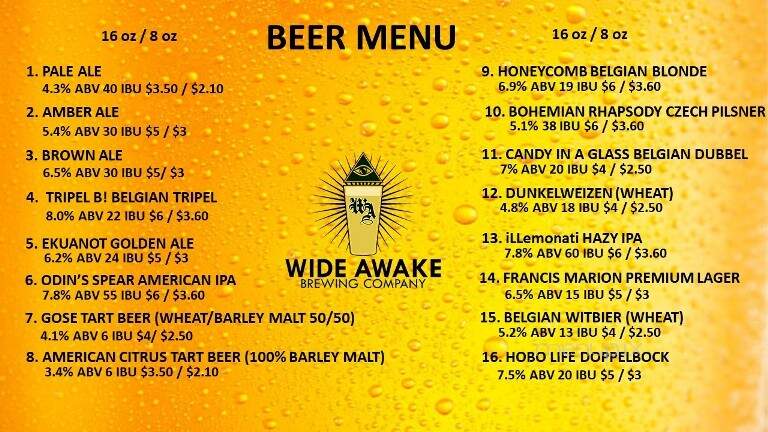Wide Awake Brewing Company - Summerville, SC menu_pic