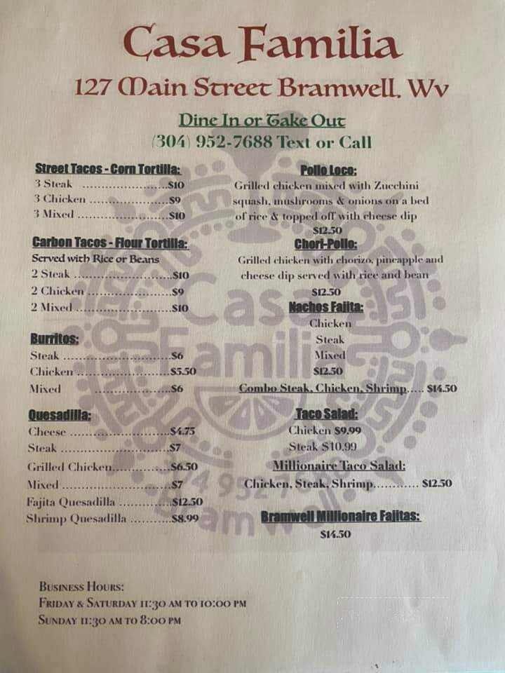 Casa Familia - Bramwell, WV menu_pic