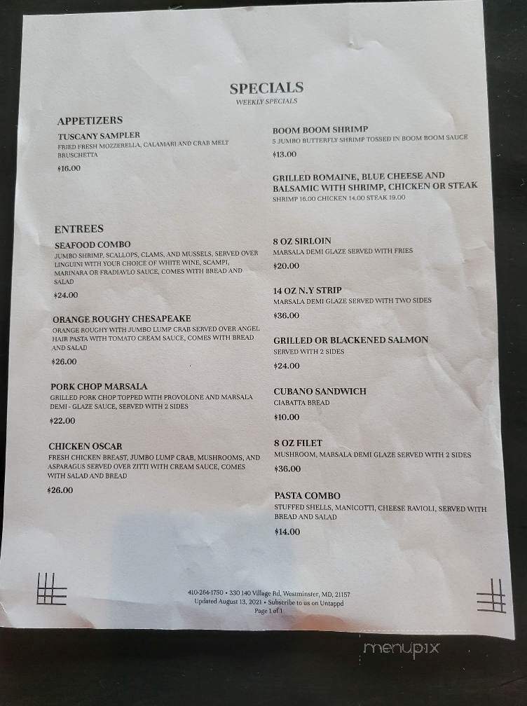 Sergio's - Westminster, MD menu_pic