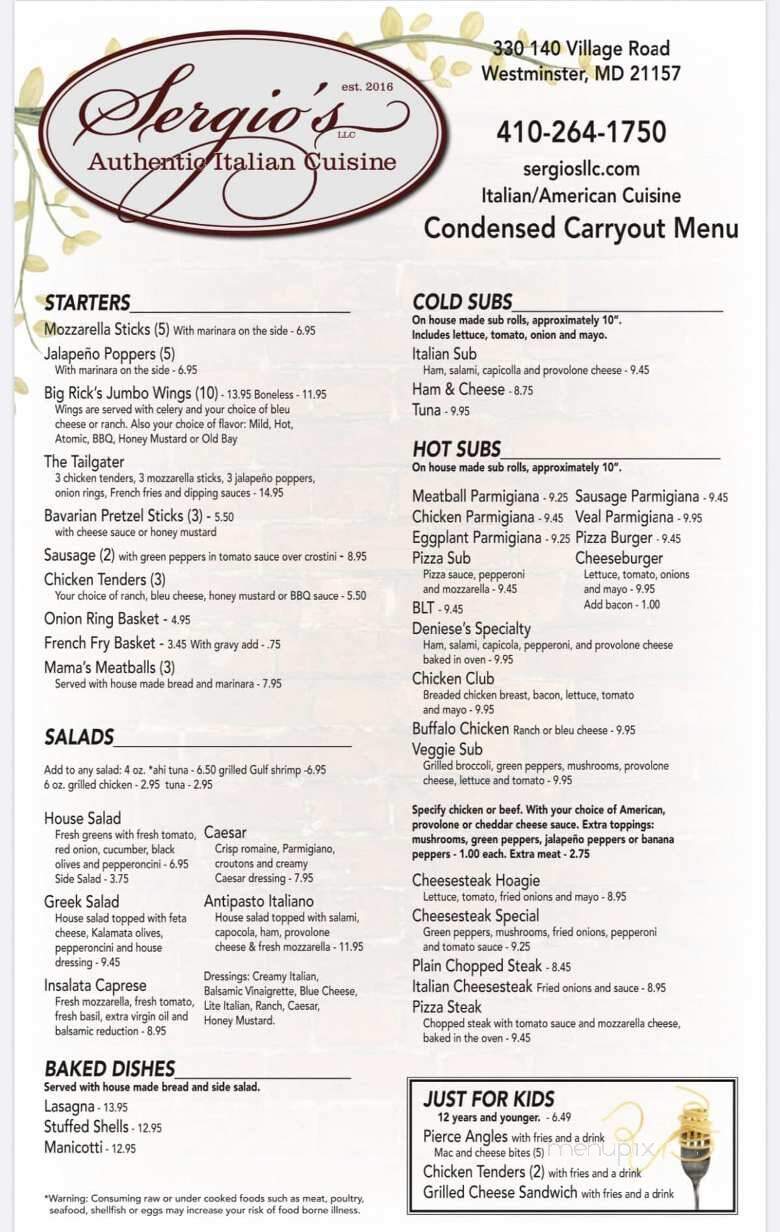 Sergio's - Westminster, MD menu_pic