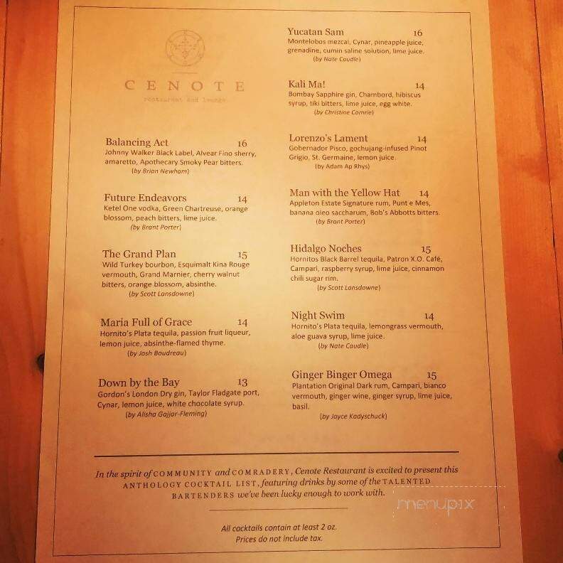 Cenote Restaurant and Lounge - Victoria, BC menu_pic