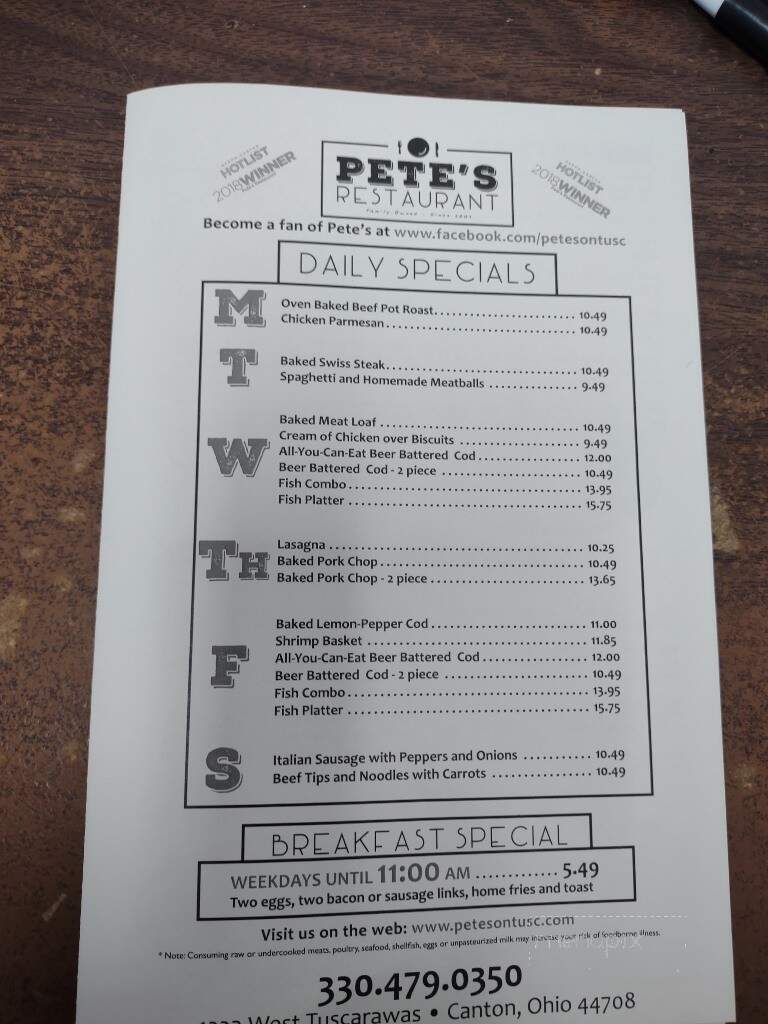 Pete's Restaurant - Canton, OH menu_pic