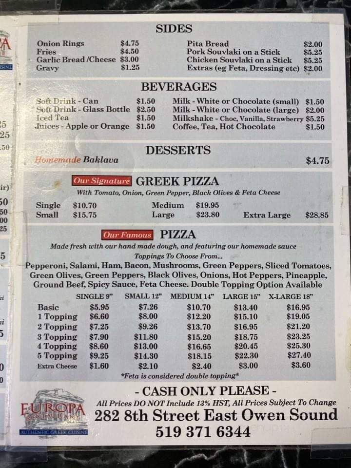 Europa Restaurant & Pizza - Owen Sound, ON menu_pic