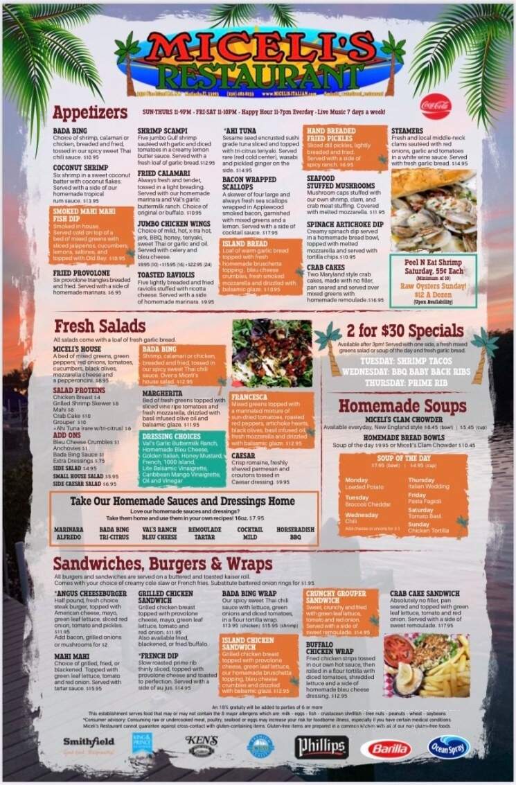 Miceli's Restaurant - Matlacha, FL menu_pic