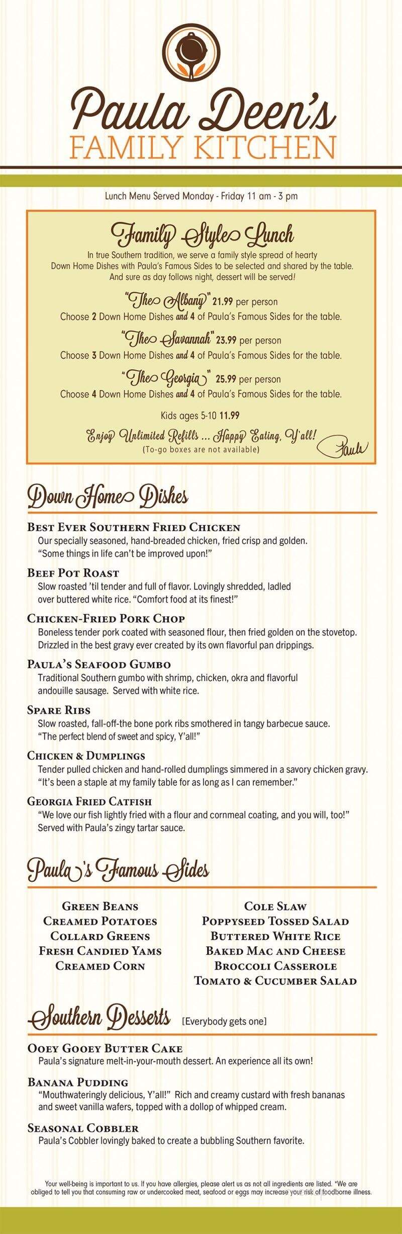 Paula Deen's Family Kitchen - Myrtle Beach, SC menu_pic