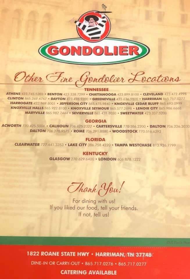 Gondolier Italian Restaurant - Harriman, TN menu_pic