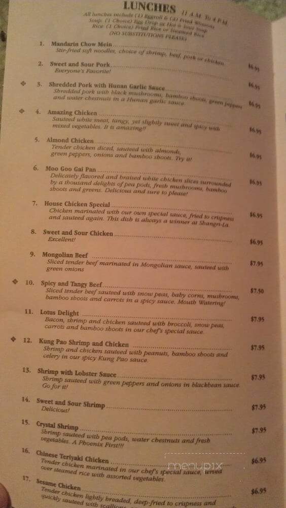 Shangri-La Chinese Restaurant - Phoenix, AZ menu_pic