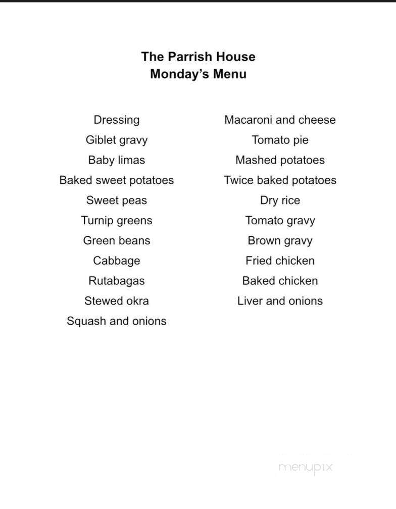 The Parrish House - Adel, GA menu_pic