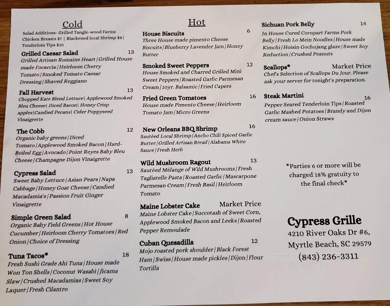 Cypress Grille - Myrtle Beach, SC menu_pic