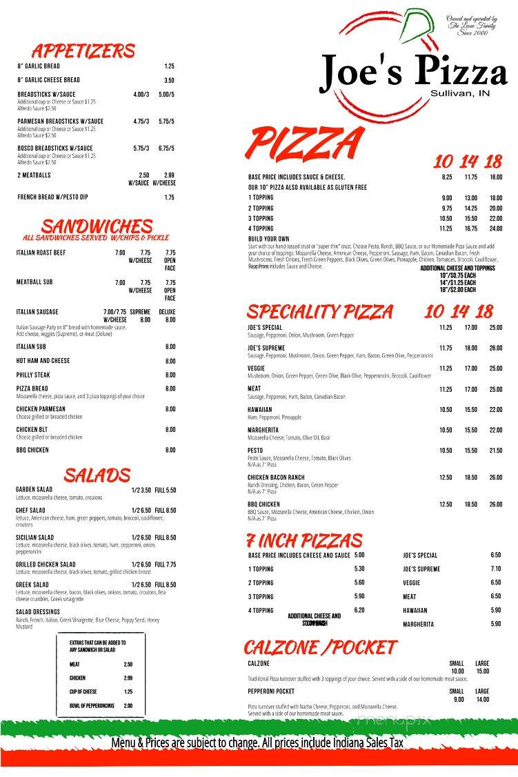Joe's Italian Food - Sullivan, IN menu_pic