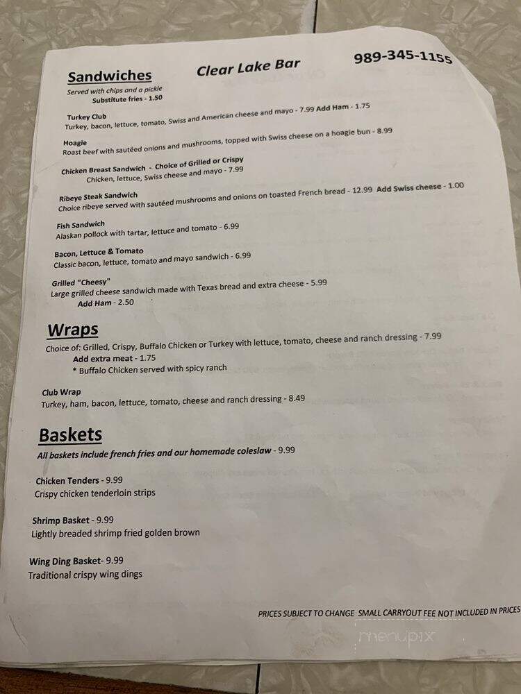 Clear Lake Bar - West Branch, MI menu_pic