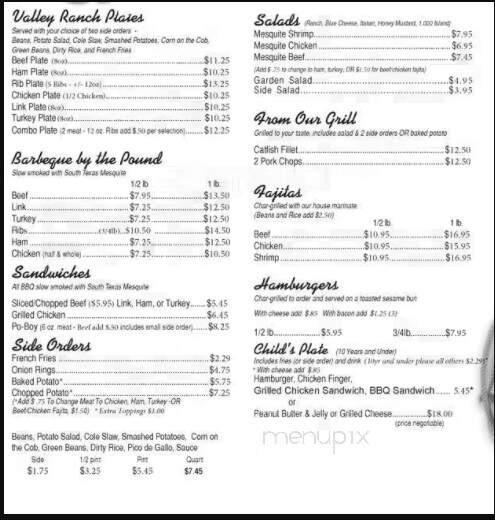 Online Menu of Valley Ranch Grill Barbecue Houston TX