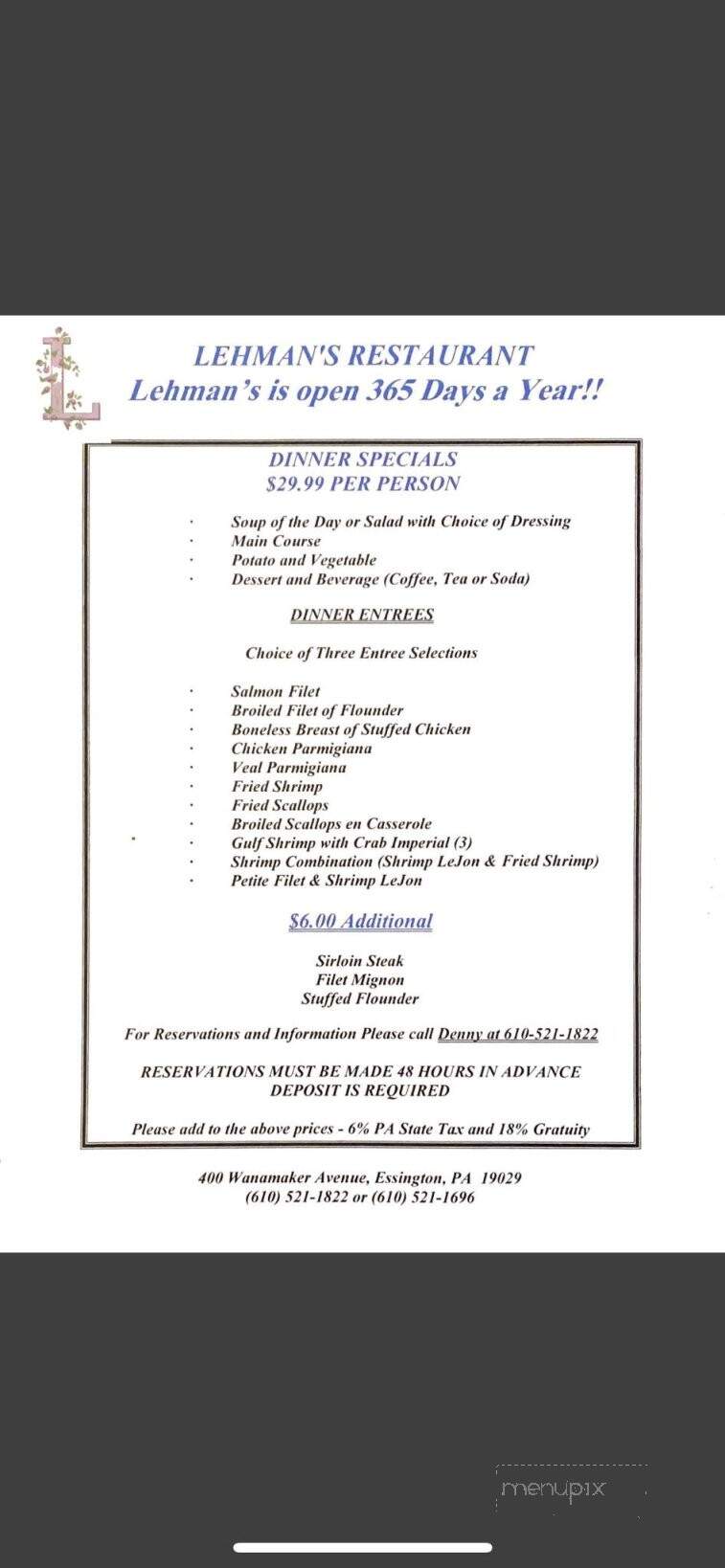 Lehman's Tavern - Essington, PA menu_pic